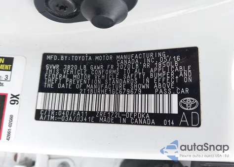 2016 Toyota Corolla L из США, поврежденный, VIN 2T1BURHE1GC679679